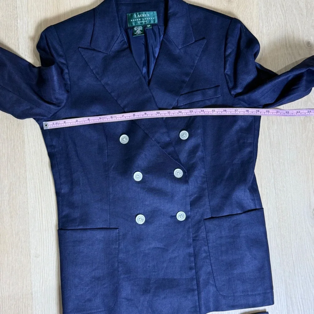 Lauren Ralph Lauren Skirt Suit Womens 12P Navy Blue Linen Double Breasted Blazer